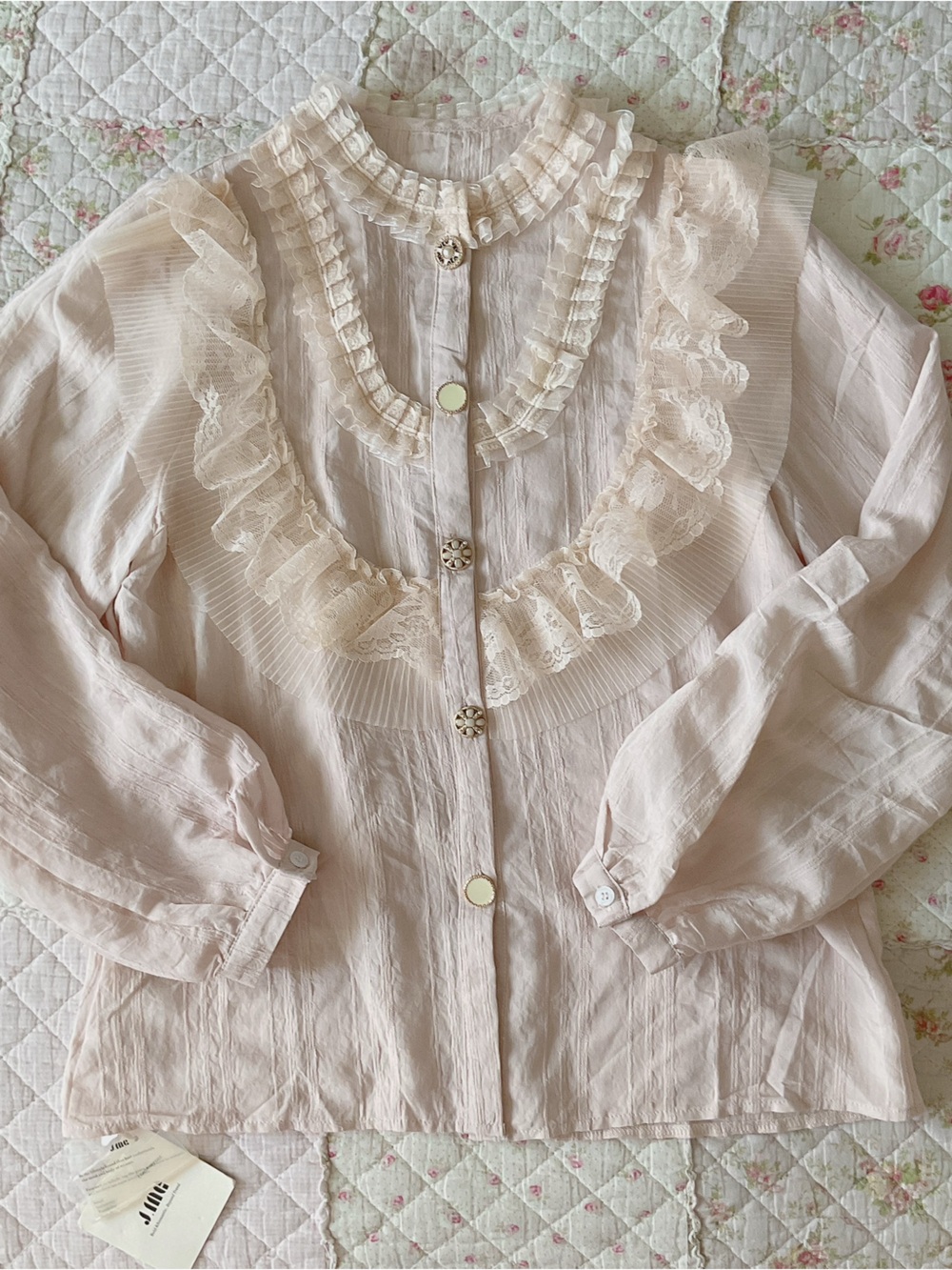 Women's Lace-Trim Ruffle Button-Front Top - Pale Pink
